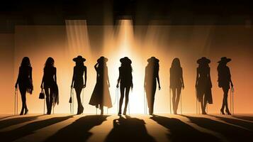 modelos exhibiendo Moda en un pista durante un espectáculo o semana dedicado a moda. silueta concepto foto