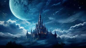 Beautiful castle under moonlit sky in fairy tale. silhouette concept photo