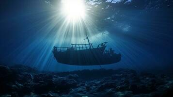 rayos de sol brillante en barco silueta desde submarino templo en rojo mar Egipto foto