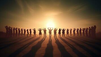 Excited individuals forming a circle shadows. silhouette concept photo