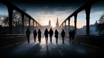 Pedestrians on Freiburg bridge cast shadows. silhouette concept photo