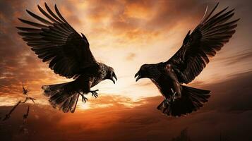 cuervos luchando en el cielo. silueta concepto foto