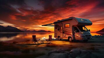 Sunset over motorhome in a camping RV. silhouette concept photo