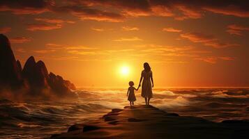 niña niño observando el puesta de sol por el playa. silueta concepto foto