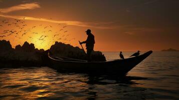 In Progresso Mexico fishermen on a small boat are silhouetted against strong backlight with a neotropic cormorant perched on rocks nearby photo