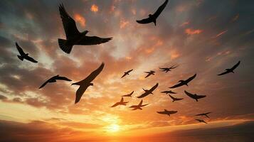 aves en el cielo volador en formación. silueta concepto foto