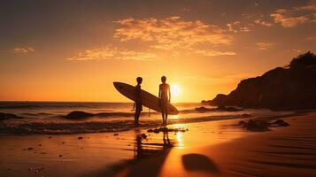 Two boys with body boards on the beach their silhouettes contrasting against the backdrop photo