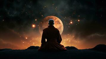 Buddhist monk observing the cosmos. silhouette concept photo