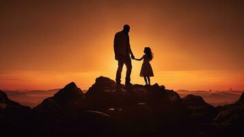 padre y joven hija oscuridad en roca. silueta concepto foto