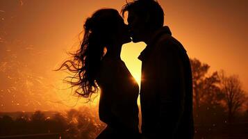 Couple affectionately embracing at dusk. silhouette concept photo