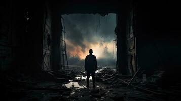 Deserted structure with dimly lit passage unidentified figure illumination at entrance wreckage shattered panes decay incomplete. silhouette concept photo