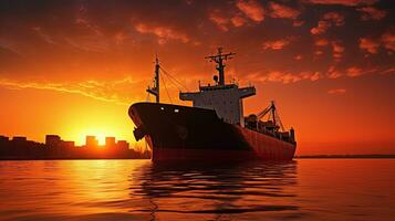 Silhouette of cargo ship during sunset photo