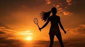 Badminton player s silhouette during golden hour sunset photo