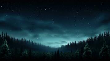 Star filled night forest landscape with pine trees and dark sky. silhouette concept photo