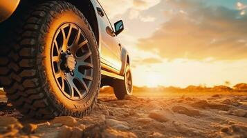 Off road trucks with tire protection stop on a gravel road with text space. silhouette concept photo