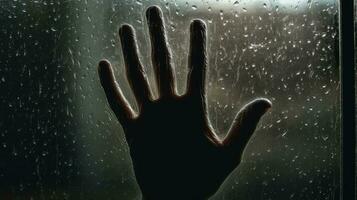 Hand silhouette through wet glass photo