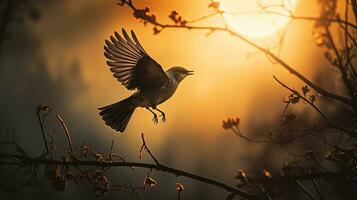 un volador pájaro en medio de minúsculo sucursales. silueta concepto foto