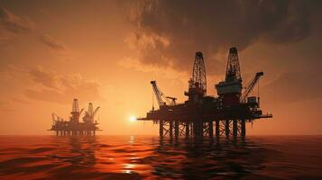 Silhouetted oil rigs against orange sky photo