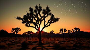 Silhouette of Joshua Tree in blooming California desert photo