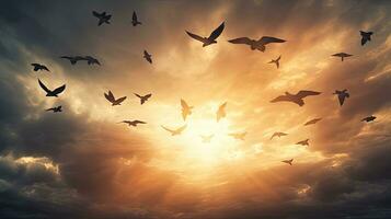 aves en el cielo creando un señal forma. silueta concepto foto