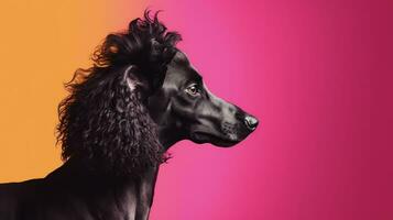 Closeup photo of attractive black poodle on vibrant backdrop. silhouette concept