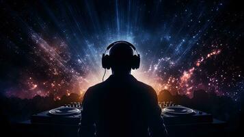 Night club DJ wearing headphones under party lights showcasing the nightout theme. silhouette concept photo