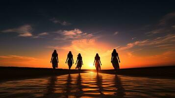 muchachas en playa a puesta de sol esbozado. silueta concepto foto