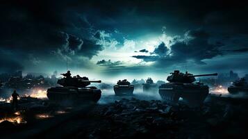 Battle scene at night with German tanks and armored vehicles fighting under a cloudy sky silhouette with war fog photo