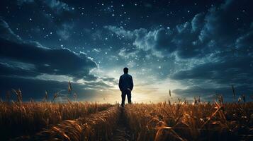 Man gazing up at stars during the night surrounded by wheat field under the milky way. silhouette concept photo