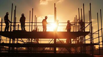 construcción trabajadores en andamio trabajando en intenso luz de sol ensombrecido silueta foto