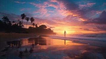 A girl captures surfers riding waves against a scenic backdrop of colorful sky and water. silhouette concept photo