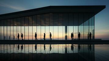 silhouetted individuals outside contemporary architecture photo
