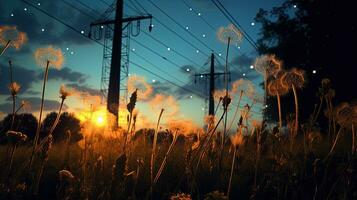 Dandelions and an electric fence at sunset viewed from below. silhouette concept photo