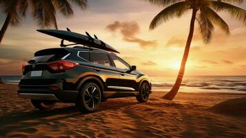 Palm branch silhouette next to car with surfboard by the shore during sunset photo