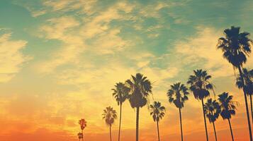 Color toned image of palm tree silhouettes and clouds over Tel Aviv city in a vintage shot with a cross process effect photo