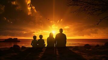 familia silueta observando un asombroso puesta de sol foto