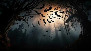 Víspera de Todos los Santos motivos grupo de murciélagos encaramado en un árbol. silueta concepto foto