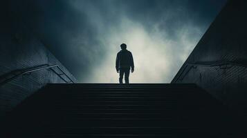 Man alone ascending stairs from behind. silhouette concept photo