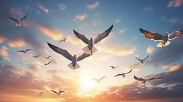 grupo de blanco aves volador en el aire. silueta concepto foto