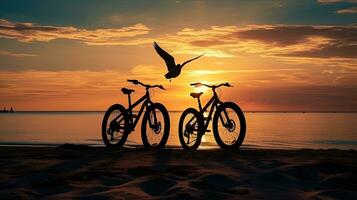 Bicycles in silhouette lying as the sun sets on a tropical beach with a bird in the clear sky photo