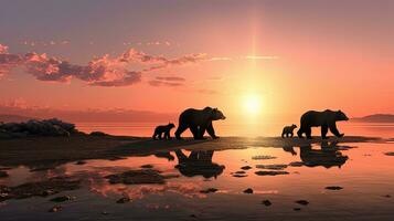 oso pardo oso familia busca salmón desayuno por el playa en Katmai nacional parque Alaska. silueta concepto foto