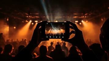 fotografiando o rodaje el concierto utilizando un teléfono inteligente silueta concepto foto