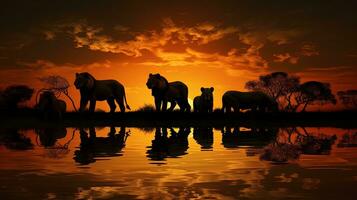 leones silueta reflejado en agua durante africano safari foto