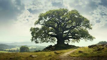 Ancient oak tree in the town. silhouette concept photo