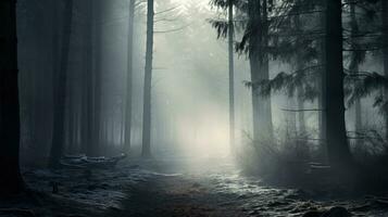 Fog covering snowy forest. silhouette concept photo