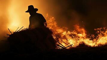 Firefighter extinguishing hay bale blaze. silhouette concept photo