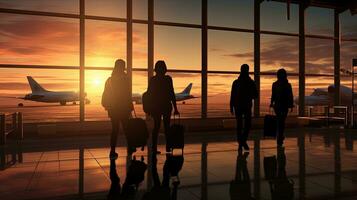 siluetas de viajeros visto a el aeropuerto foto