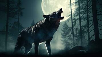 Wolf howling at full moon in eerie fog Halloween horror theme. silhouette concept photo