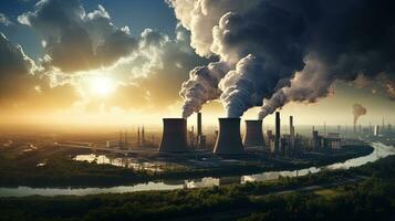 Bird s eye view of working combined cycle power plant and cooling tower with steam or plume. silhouette concept photo