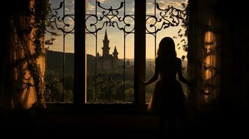 húngaro castillo s ventana apertura con niña en mukachevo. silueta concepto foto